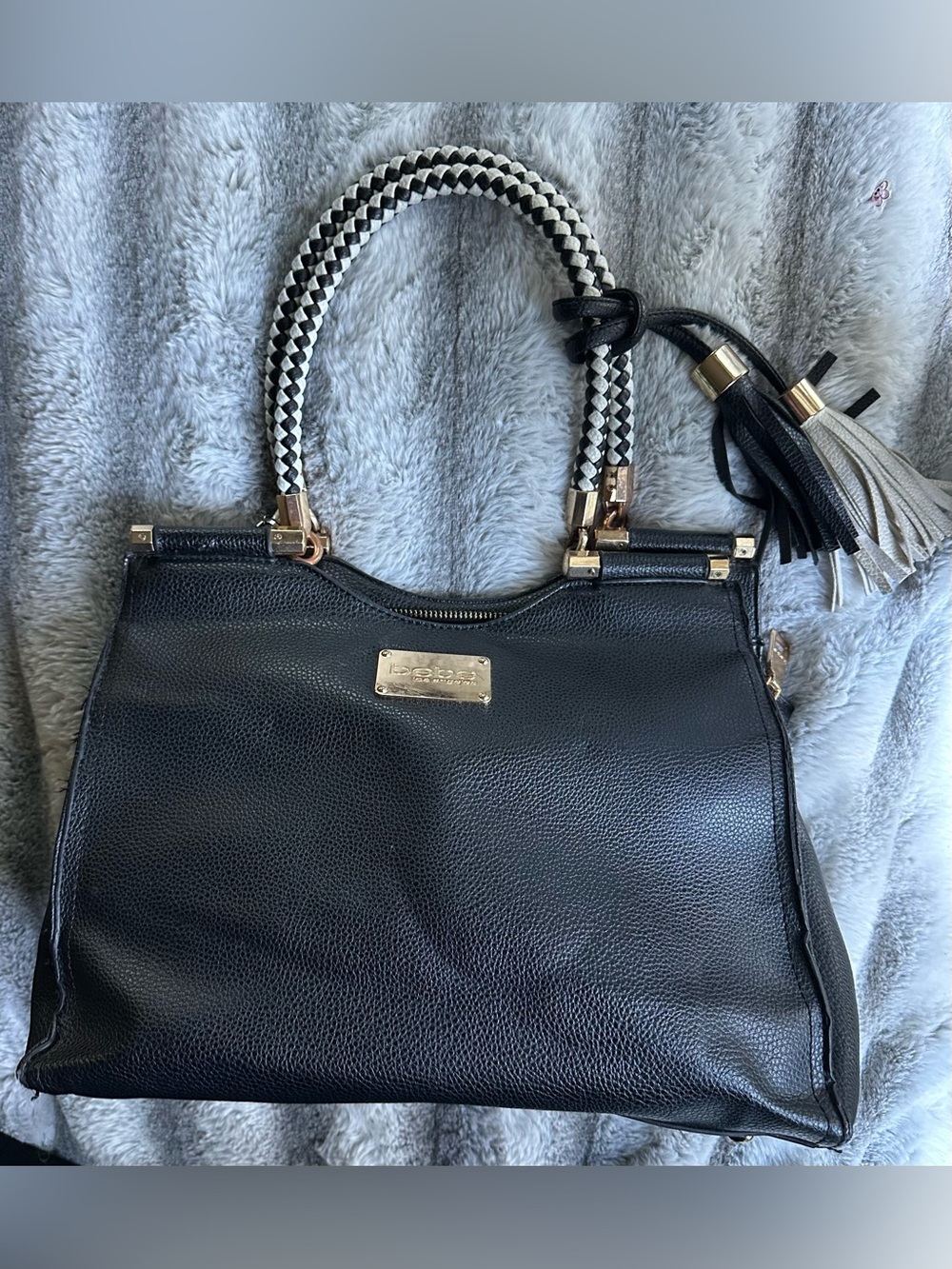Bebe Natalie Braided Handle Black Faux Leather Satchel - Picture 2 of 13